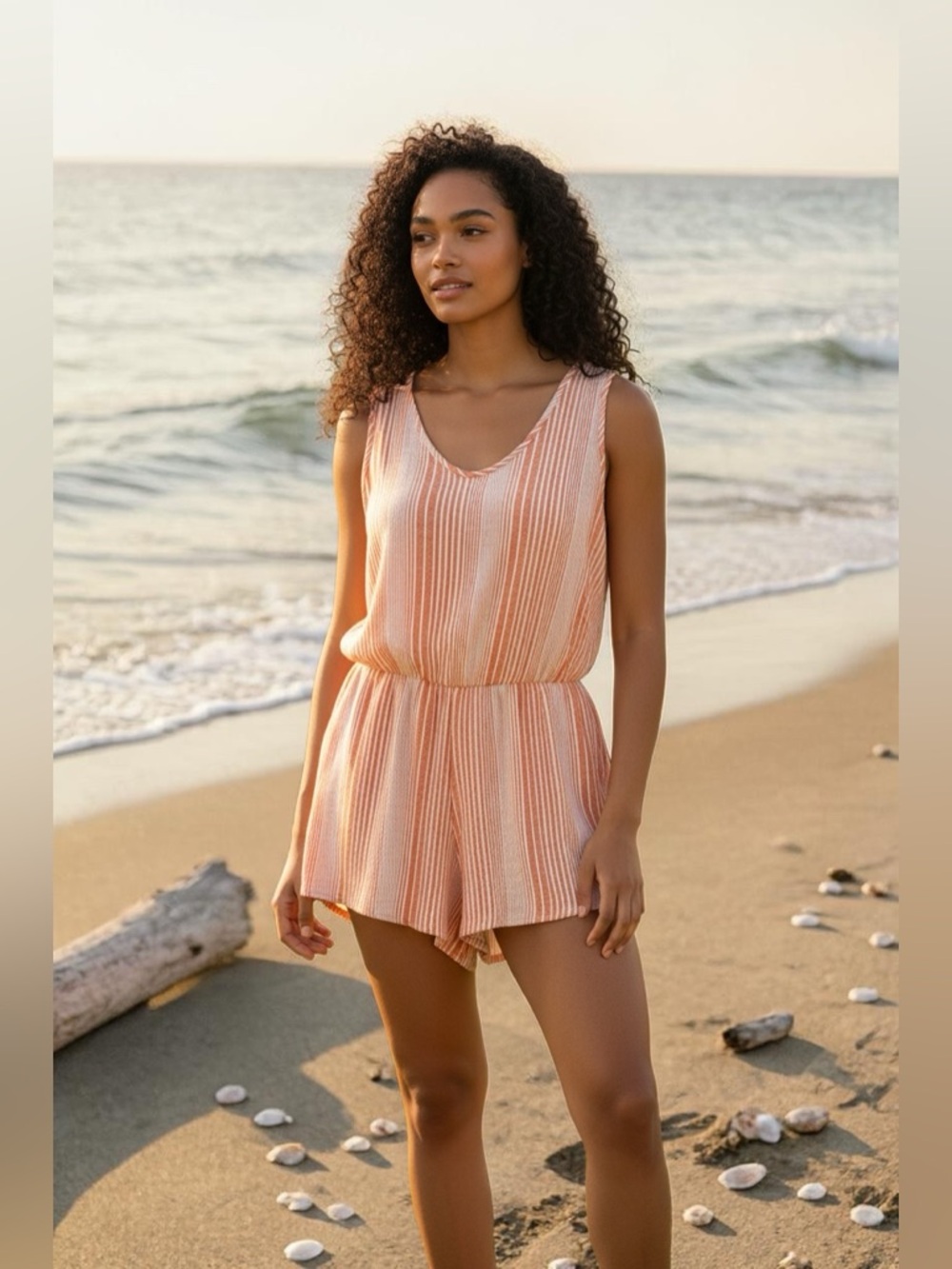 Striped Dark Peach and White Sleeveless Romper- Made With Love - Medium